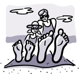 Illustration of a girl and dad sitting at the beach with their bare feet in the foreground.