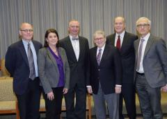 NIAMS director Dr. Stephen Katz (third from r) and deputy director Dr. Robert Carter (third from l) welcome new members to the institute’s council. Pictured are (from l) Dr. Stephen Tapscott Magdalena Castro-Lewis William Mulvihill and Dr. Ethan Lerner.